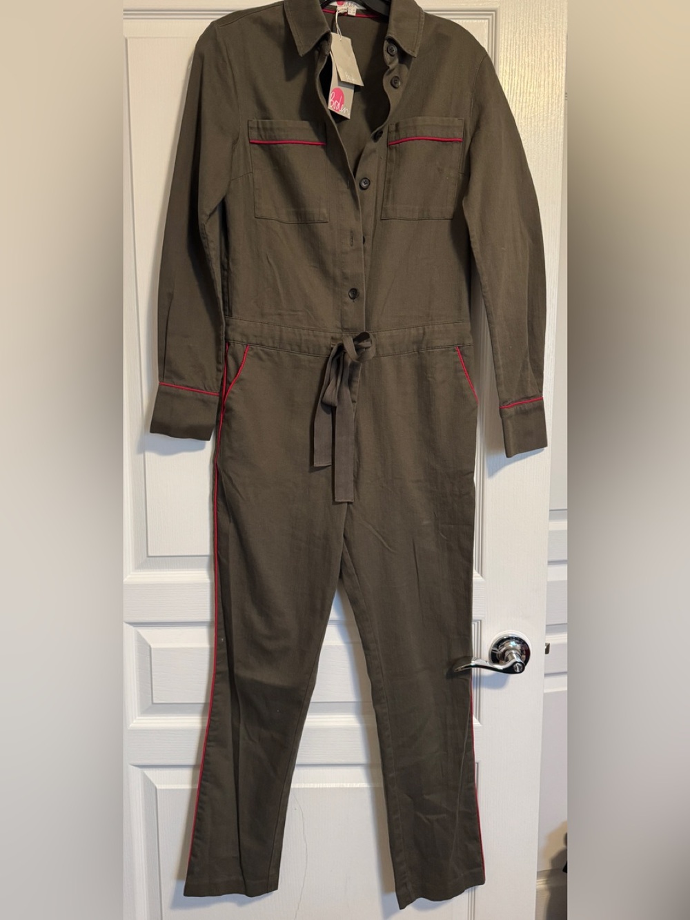 Boden Olive Green Utility Jumpsuit with Red Trim